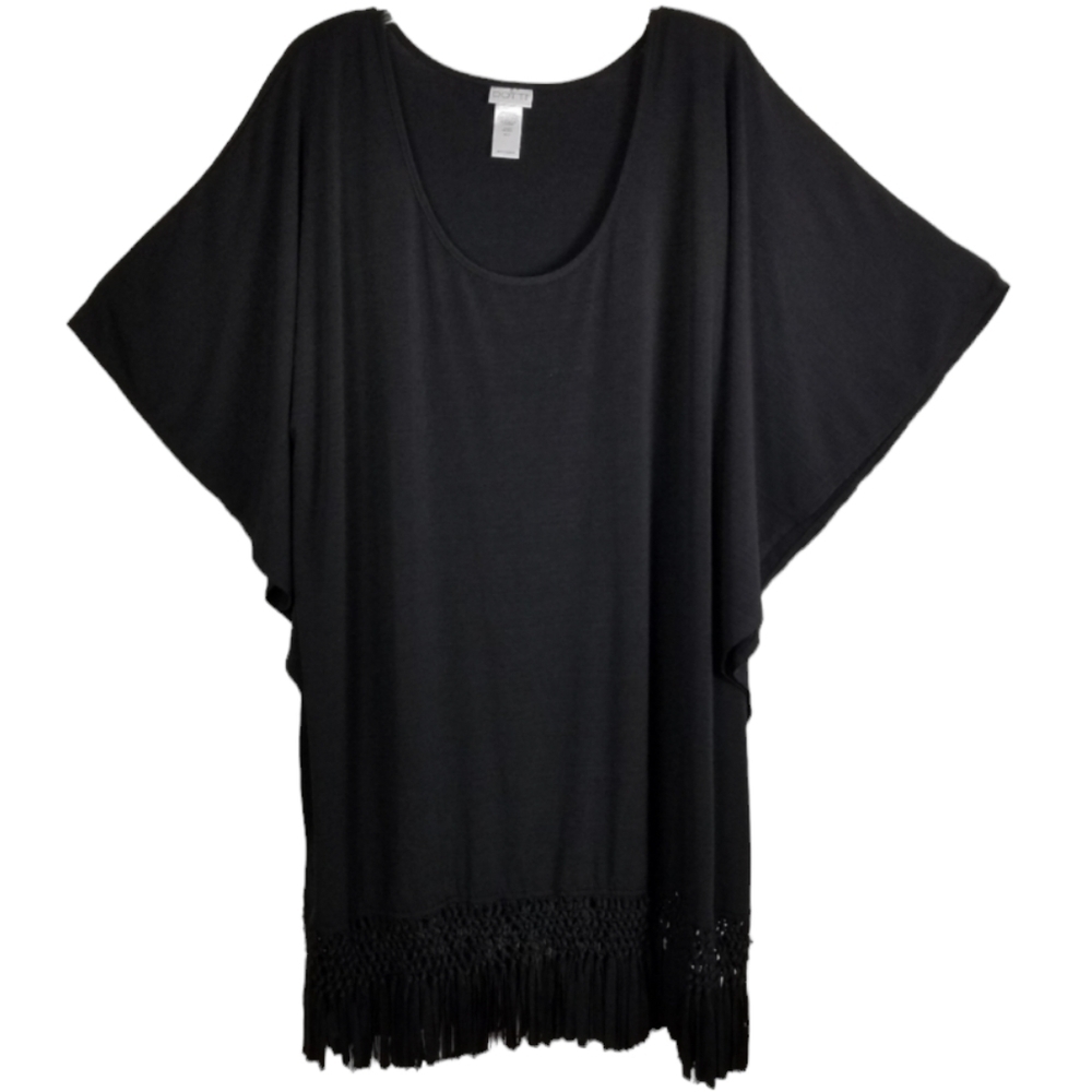 Dotti Womens Mini Dress Braided Fringe Hem Scoop Neck Black Cover Up Tunic Sz 2X - Picture 2 of 10
